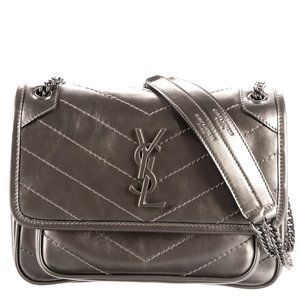SAINT LAURENT Baby Niki  Quilted Metallic Silver Leather Shoulder Bag